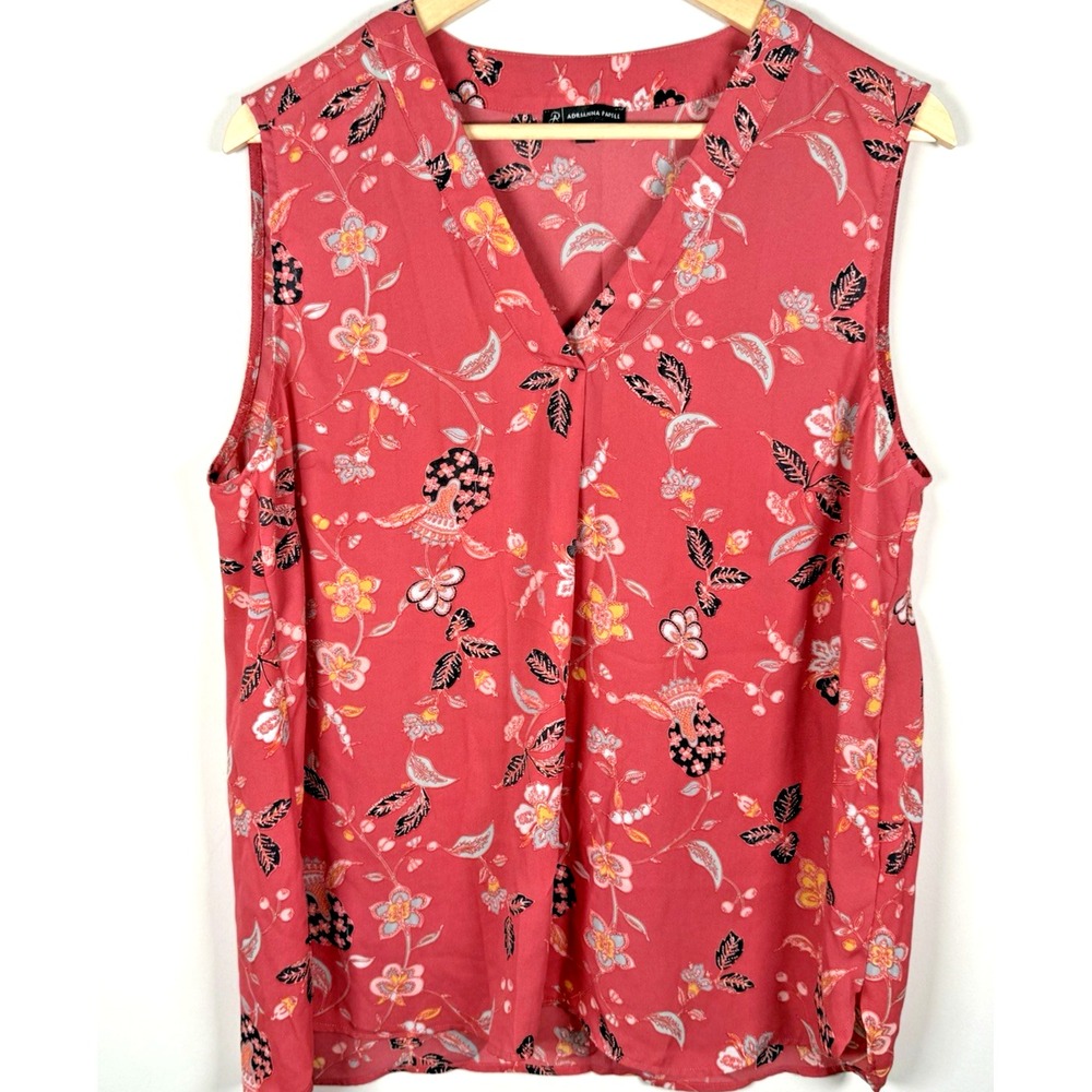 Adrianna Papell V-Neck Sleeveless Blouse Tank Top Office Career Paisley Coral XL